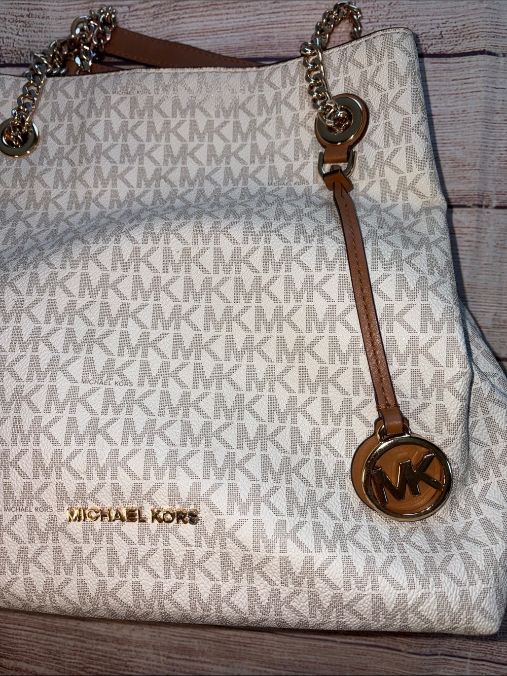 Michael Kors Cream Logo Shoulder or Crossbody Bag with Gold Accents and Chain